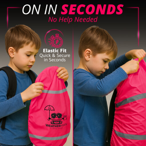 WEATHERMAN Regenschutz für Schulranzen und Rucksäcke (20-40L) – Wasserdichter Regenüberzug mit reflektierenden Streifen, elastischer Befestigung, 6 Farben (Pink) Backpacking 5