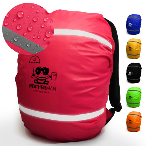 WEATHERMAN Regenschutz für Schulranzen und Rucksäcke (20-40L) – Wasserdichter Regenüberzug mit reflektierenden Streifen, elastischer Befestigung, 6 Farben (Pink) Backpacking